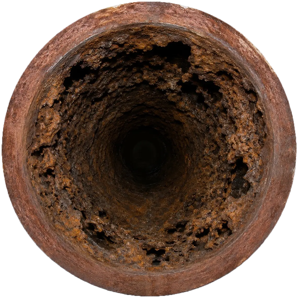 Clog_Busters_CIPP_Before Interior view of corroded cast iron pipe with heavy rust buildup and mineral deposits before CIPP lining repair.
